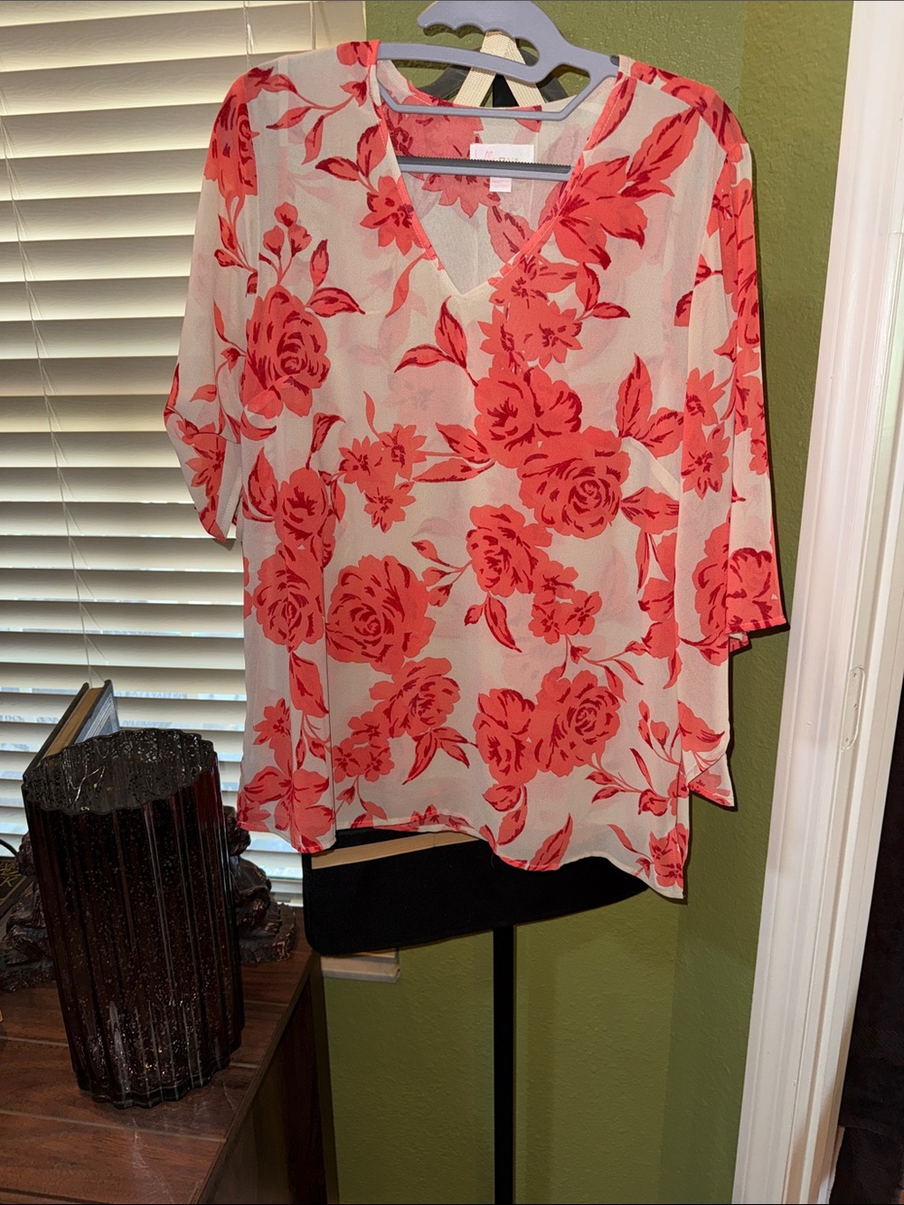 Belle by Kim Gravel Coral Rose V-Neck Floral Blouse